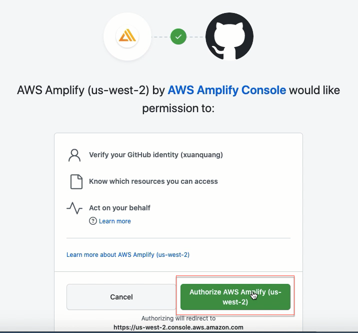 Amplify authorize GitHub acc