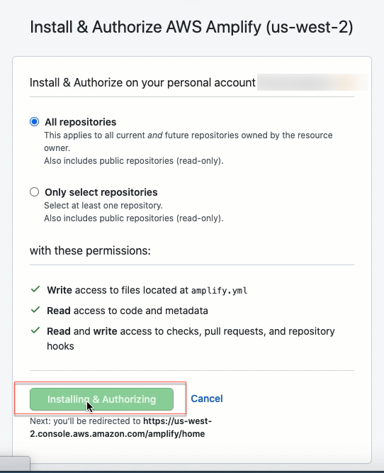 Amplify authorize GitHub acc